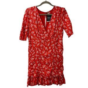NWT En Creme Womens L 100% Rayon Mini Dress Ruffle Tiered Red White Dress V-Neck